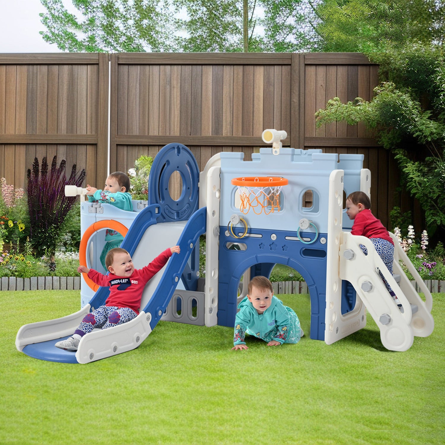 10-1 Toddler Slide Set,Kids Slide for Toddlers Ages 1+, Basketball Hoop Pirate Ship Themed Slide with Ship Head Indoor&amp; Outdoor