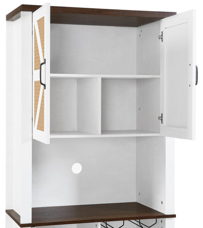 76 Inch Tall Farmhouse Kitchen Faux Rattan Wine Cabinet, Kitchen Bar Cabinet with Square Compartments and Shelves