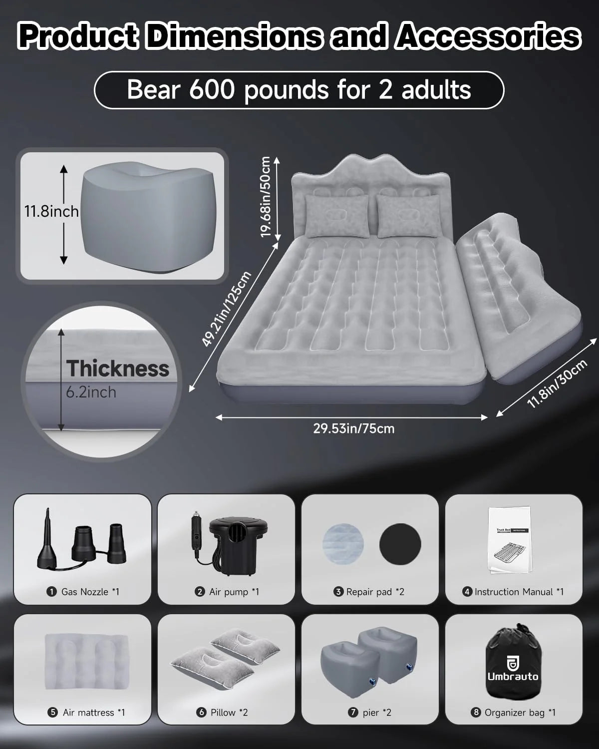 Umbrauto 29.53in/75cm Wide Car Air Mattress – Inflatable SUV, Truck &amp; Van Back Seat Camping Bed with Pump &amp; Pillows, Gray