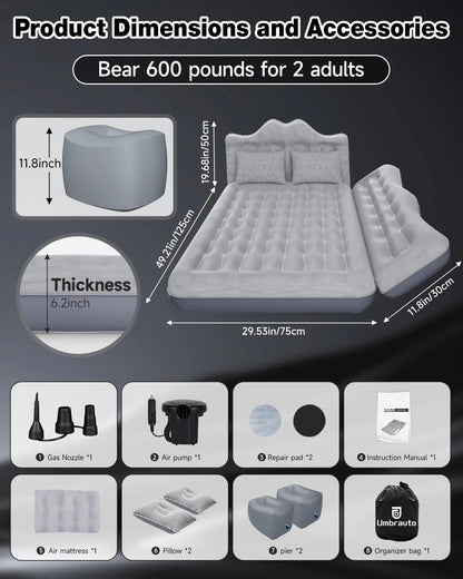 Umbrauto 29.53in/75cm Wide Car Air Mattress – Inflatable SUV, Truck &amp; Van Back Seat Camping Bed with Pump &amp; Pillows, Gray