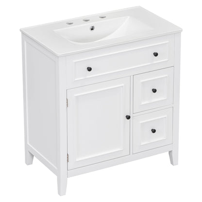 30" Bathroom Vanity with Sink Top, Bathroom Vanity Cabinet with Door and Two Drawers, Solid Wood Frame, One Package, White