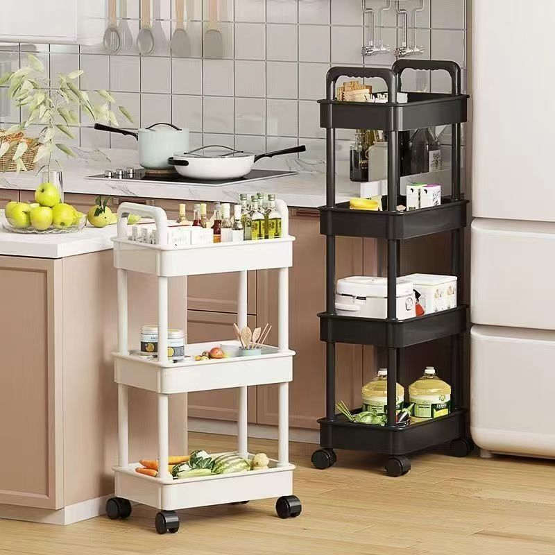 White rolling storage cart. Multifunctional, open shelves for books, ideal for kitchen &amp; bedroom storage