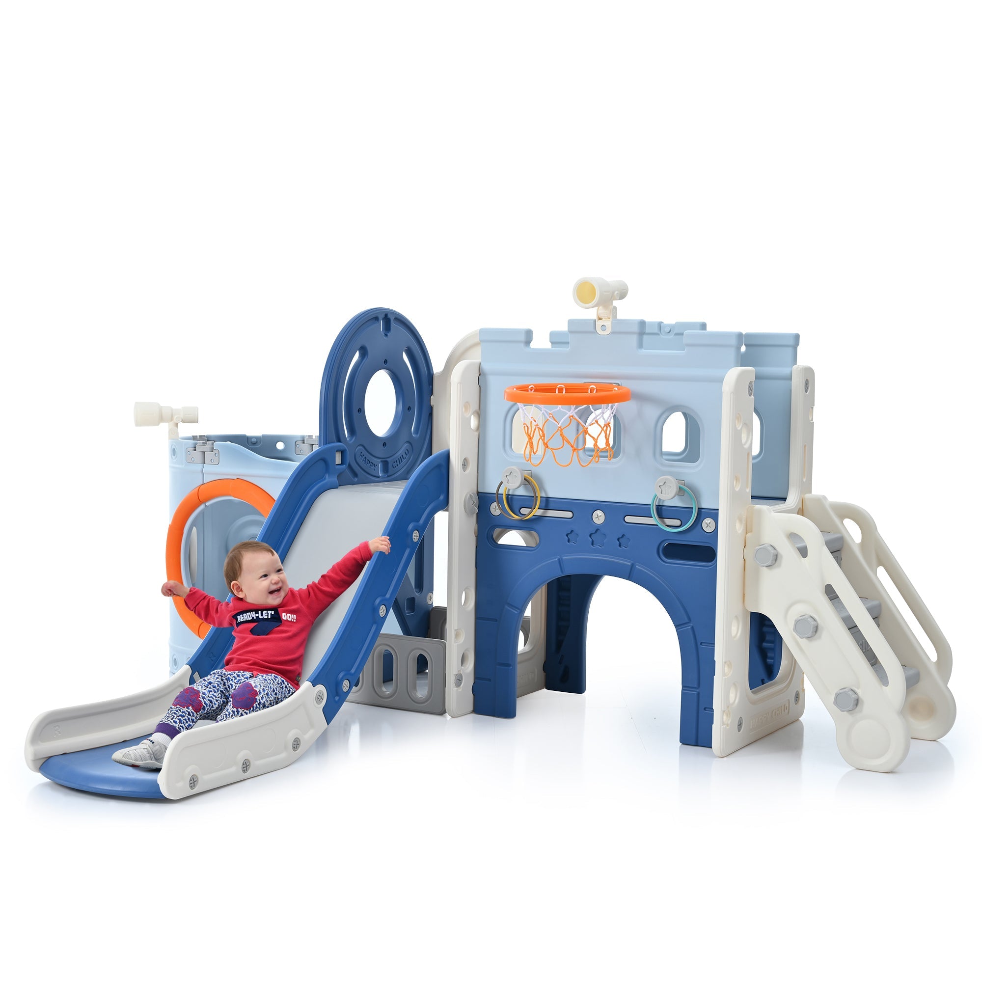 10-1 Toddler Slide Set,Kids Slide for Toddlers Ages 1+, Basketball Hoop Pirate Ship Themed Slide with Ship Head Indoor&amp; Outdoor