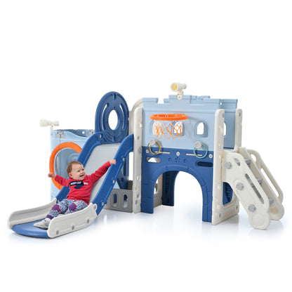 10-1 Toddler Slide Set,Kids Slide for Toddlers Ages 1+, Basketball Hoop Pirate Ship Themed Slide with Ship Head Indoor&amp; Outdoor