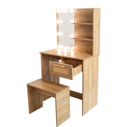 Vanity Desk Set Stool &amp; Dressing Table with LED Lighting Mirror Drawer and Wood Cosmetic Table Chest of Drawers Nature Color