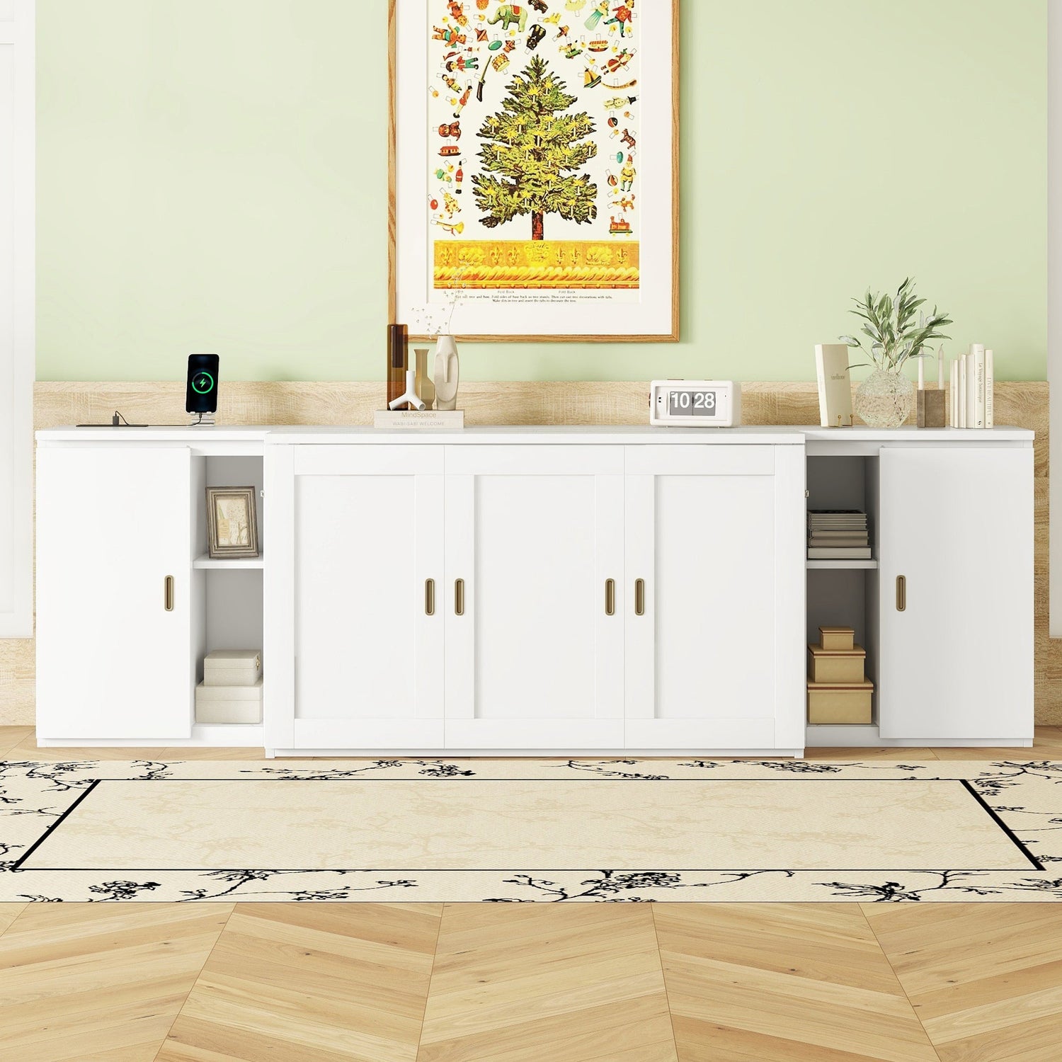 Full Size Murphy Bed with Shelves, Cabinets and USB Ports,White
