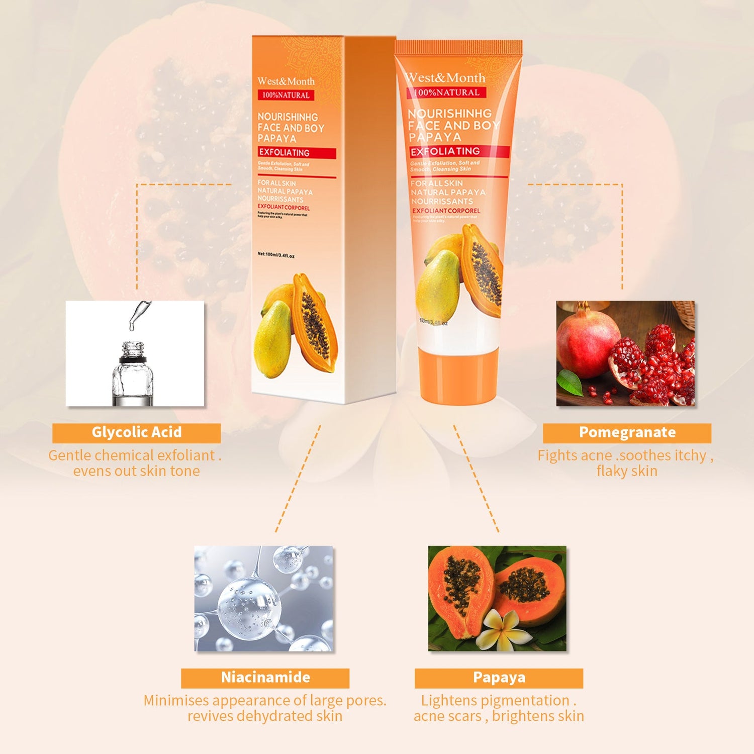 Papaya Exfoliating Gel, Moisturizing Skin With Gentle Cleansing Keratin Brightening Gel