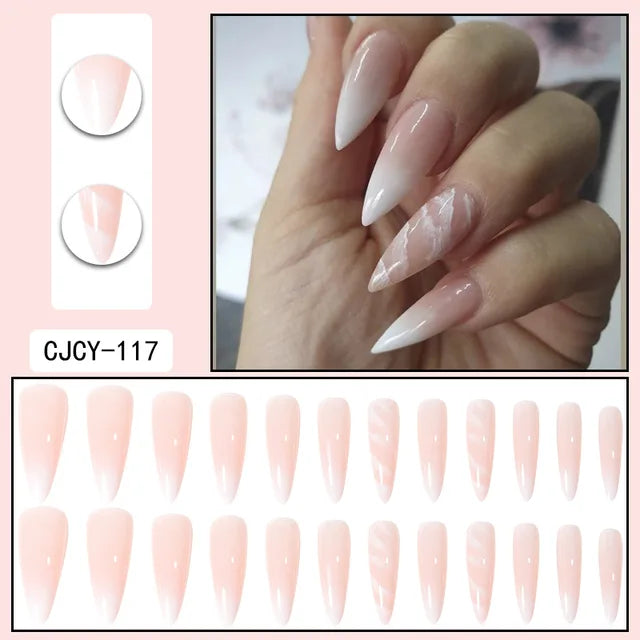 24 unghie finte in ABS con motivo a spillo lungo 1 gel di gelatina 1 lima per unghie a colori casuali per l&