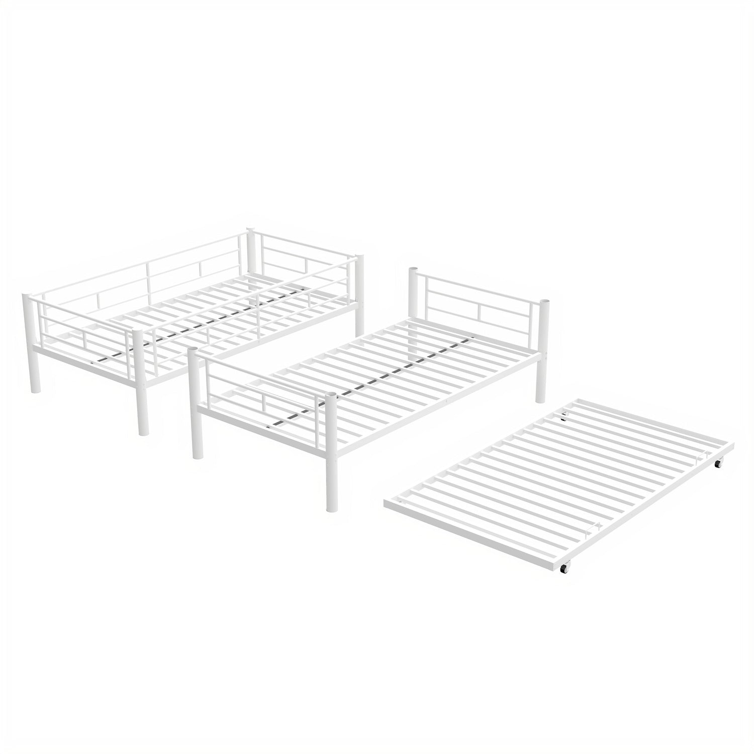 Heavy-duty Sturdy Meta Twin over Twin with Trundle Bunk Bed/l/ Noise Reduced/ Safety Guardrail/No Box Spring Needed,White