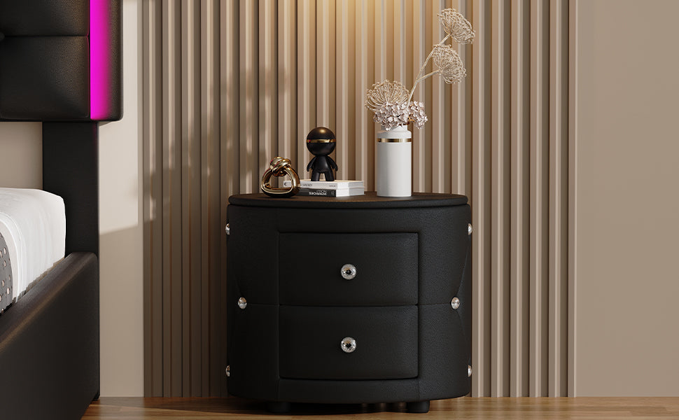 Elegant PU Nightstand with 2 Drawers and Crystal Handle,Fully Assembled Except Legs&amp;Handles,Storage Bedside Table - Black