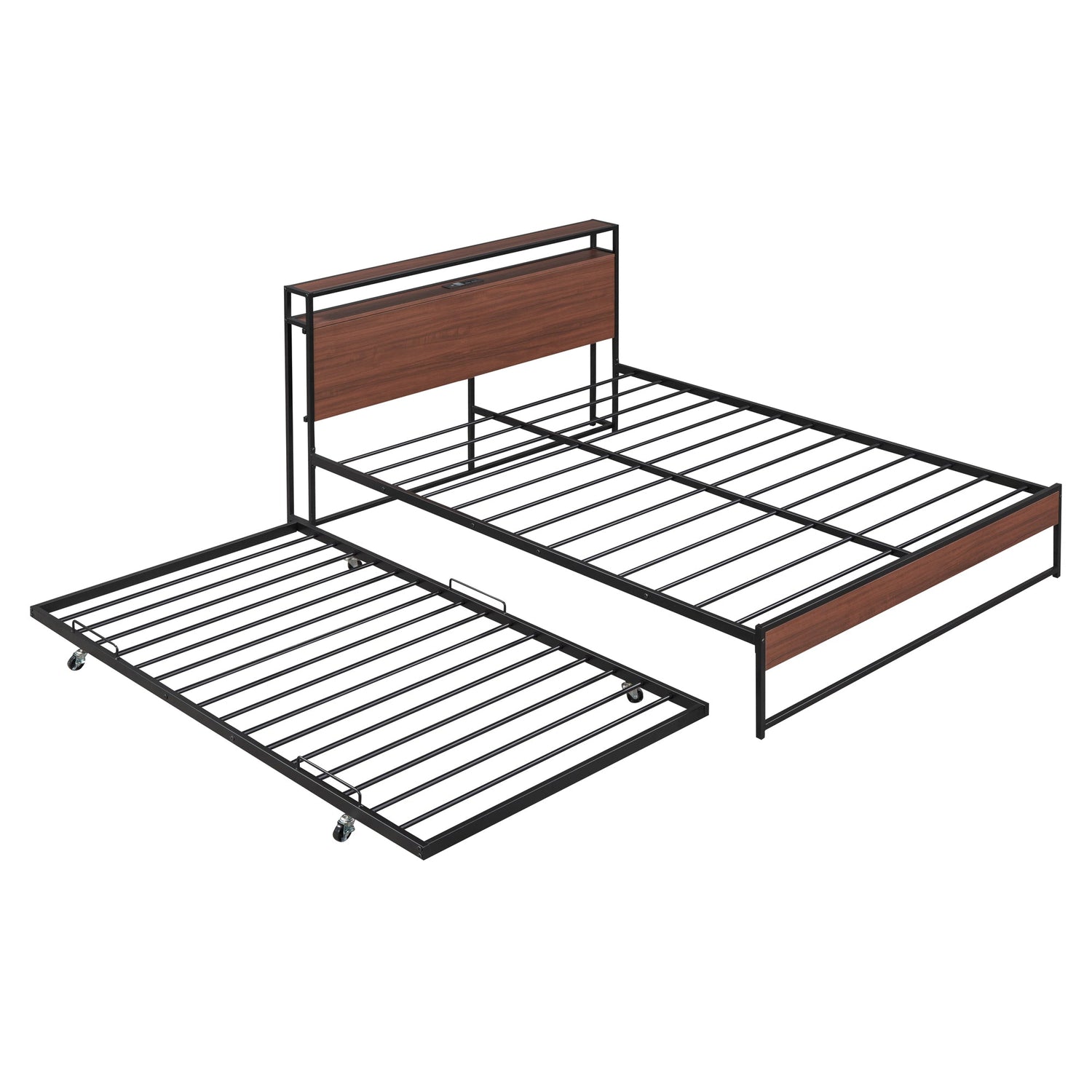 Queen Size Metal Platform Bed Frame with Trundle, USB Ports and Slat Support ,No Box Spring Needed Black