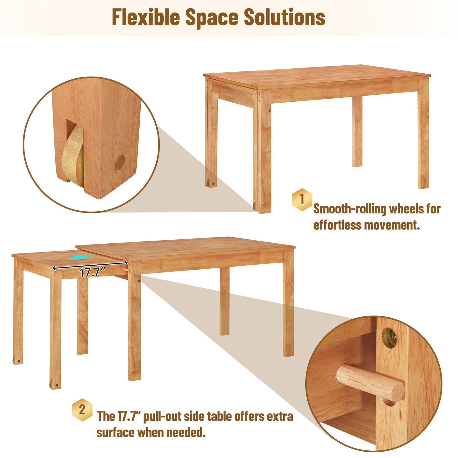TOPMAX 65 "5-piece set with wheels, expandable dining table set, 17.7" pull-out side table and small dining chairs, natural