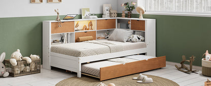 L-shaped bed frame with luggage and bookshelf, corner bed wooden captain&