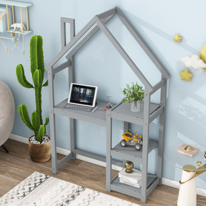 House-shaped Wooden writing Desk,Kids study Table,Bookshelf &amp; Toy Storage,Grey