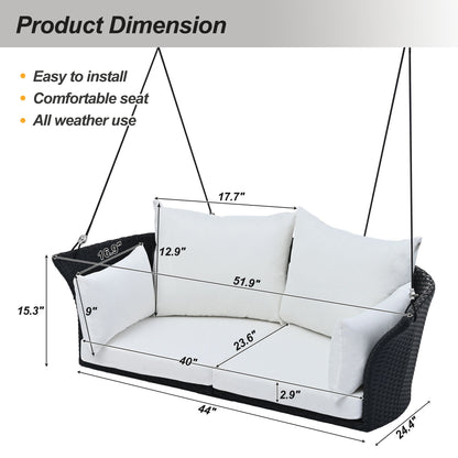 GO 51.9" 2-Person Hanging Seat, Rattan Woven Swing Chair, Porch Swing With Ropes, Black Wicker And White Cushion