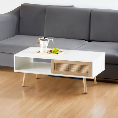 41.34" Rattan Coffee table sliding door for storage solid wood legs White