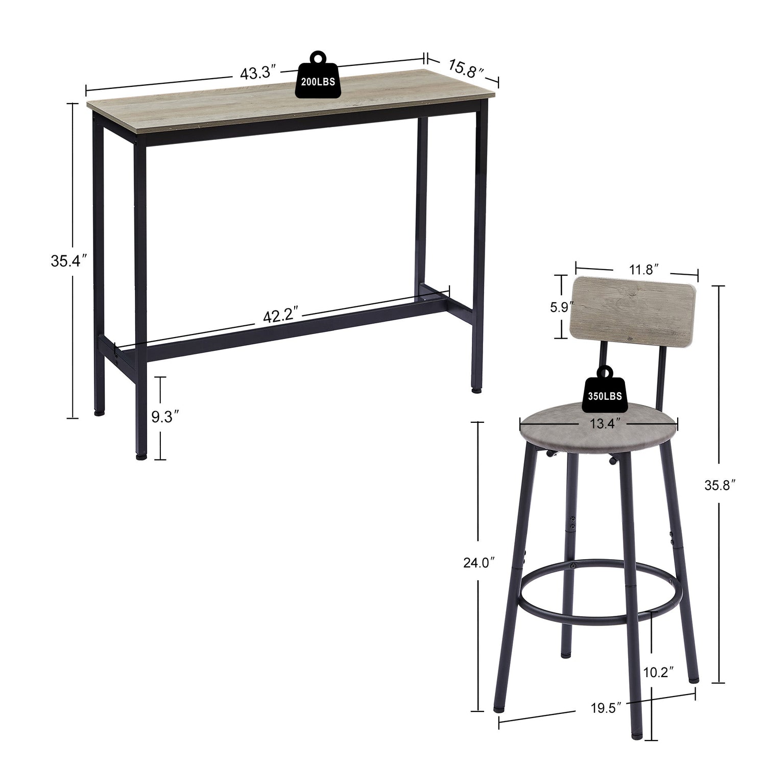 Bar Table Set with 2 Bar stools PU Soft seat with backrest Grey 43.31&