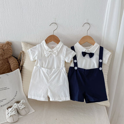 Summer baby hoodie tie suspender shorts two-piece set for gentlemen&