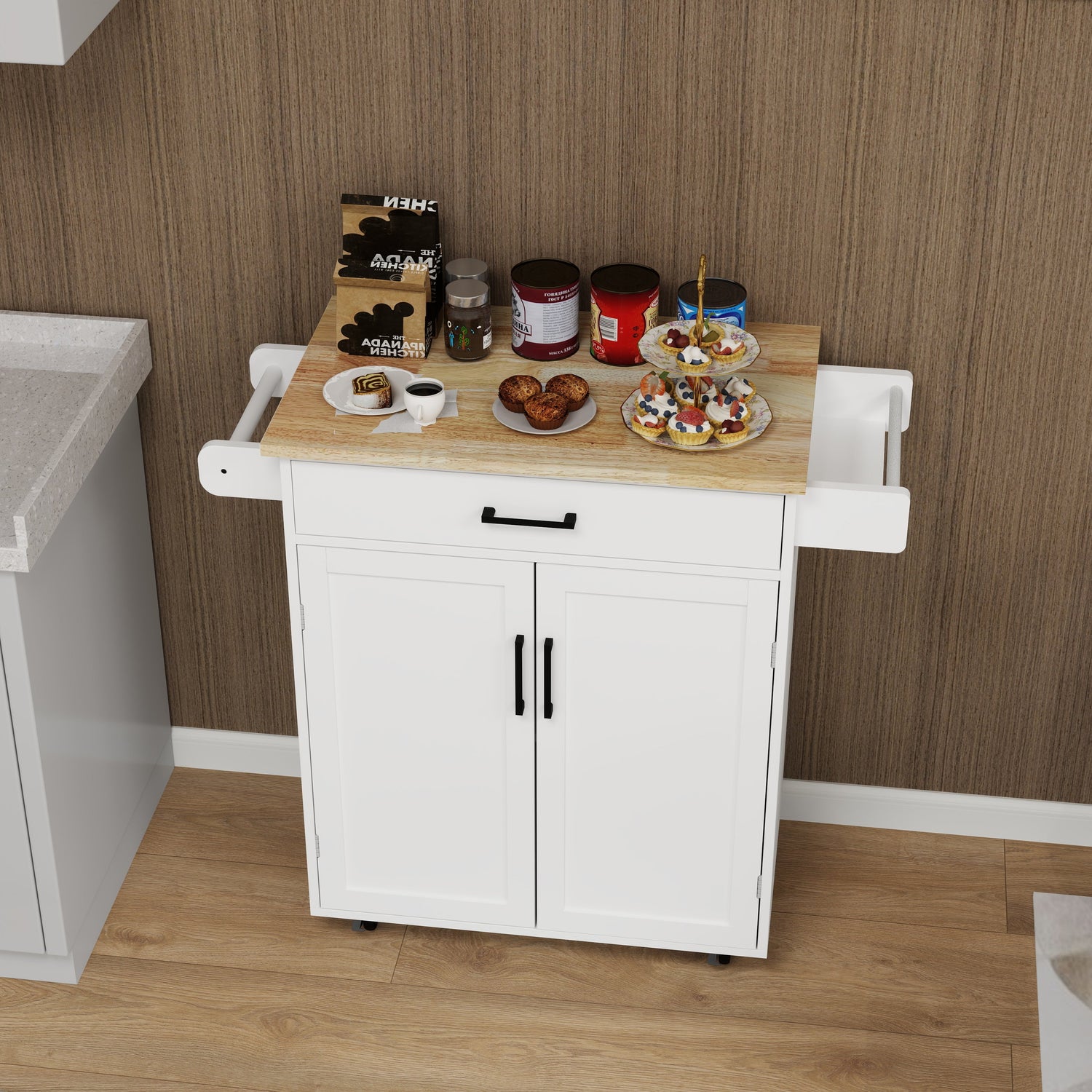Kitchen island rolling trolley cart with 1 drawer &amp; 2 doors with storage racks &amp; Adjustable Shelves &amp; towel rack