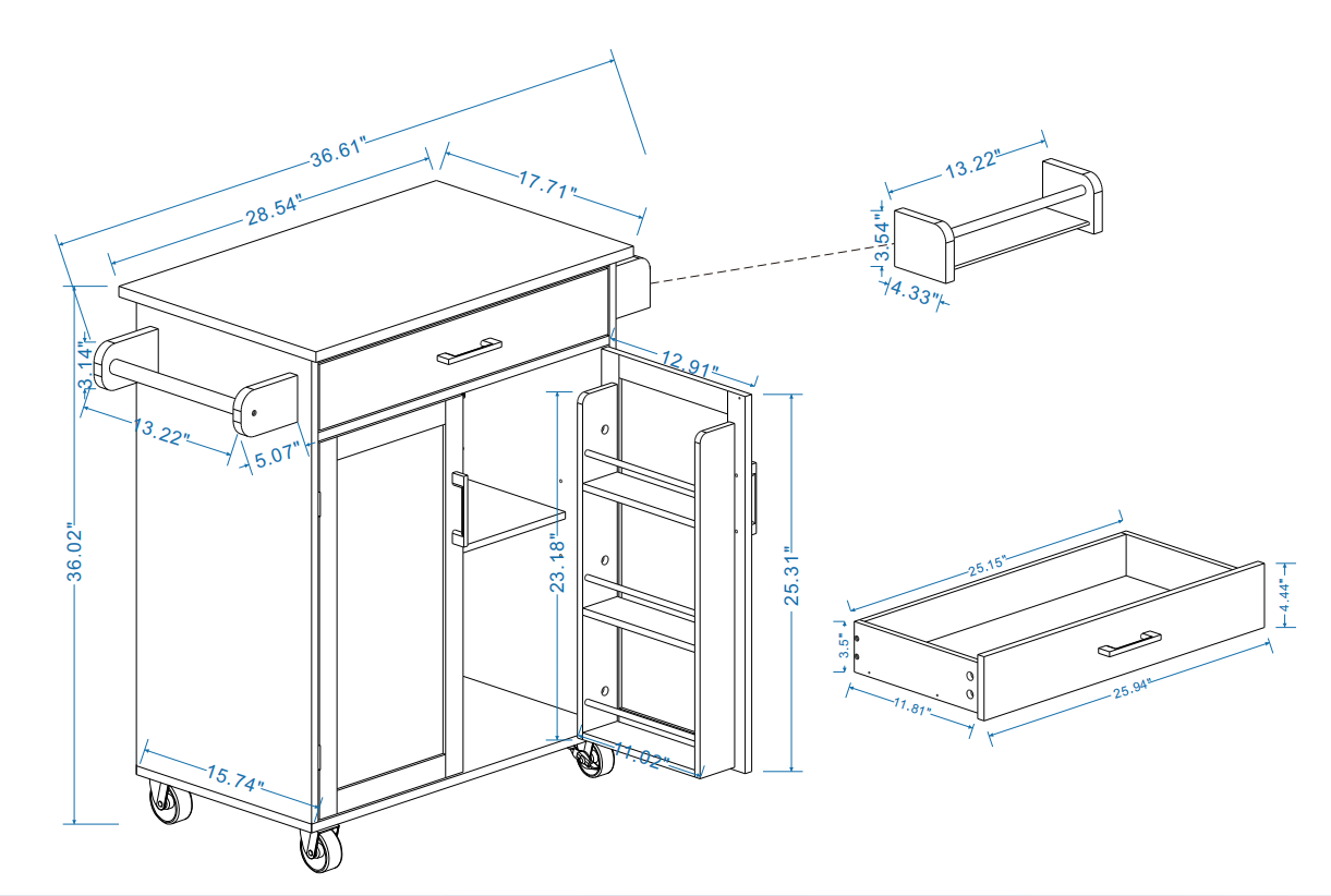 Kitchen island rolling trolley cart with 1 drawer &amp; 2 doors with storage racks &amp; Adjustable Shelves &amp; towel rack