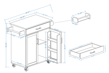 Kitchen island rolling trolley cart with 1 drawer &amp; 2 doors with storage racks &amp; Adjustable Shelves &amp; towel rack