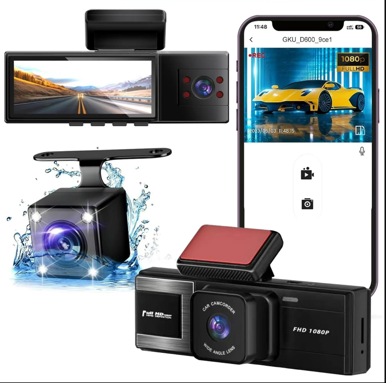 3-Camera Dash Cam – Front, Rear &amp; Inside Car Recorder with WiFi &amp; Night Vision