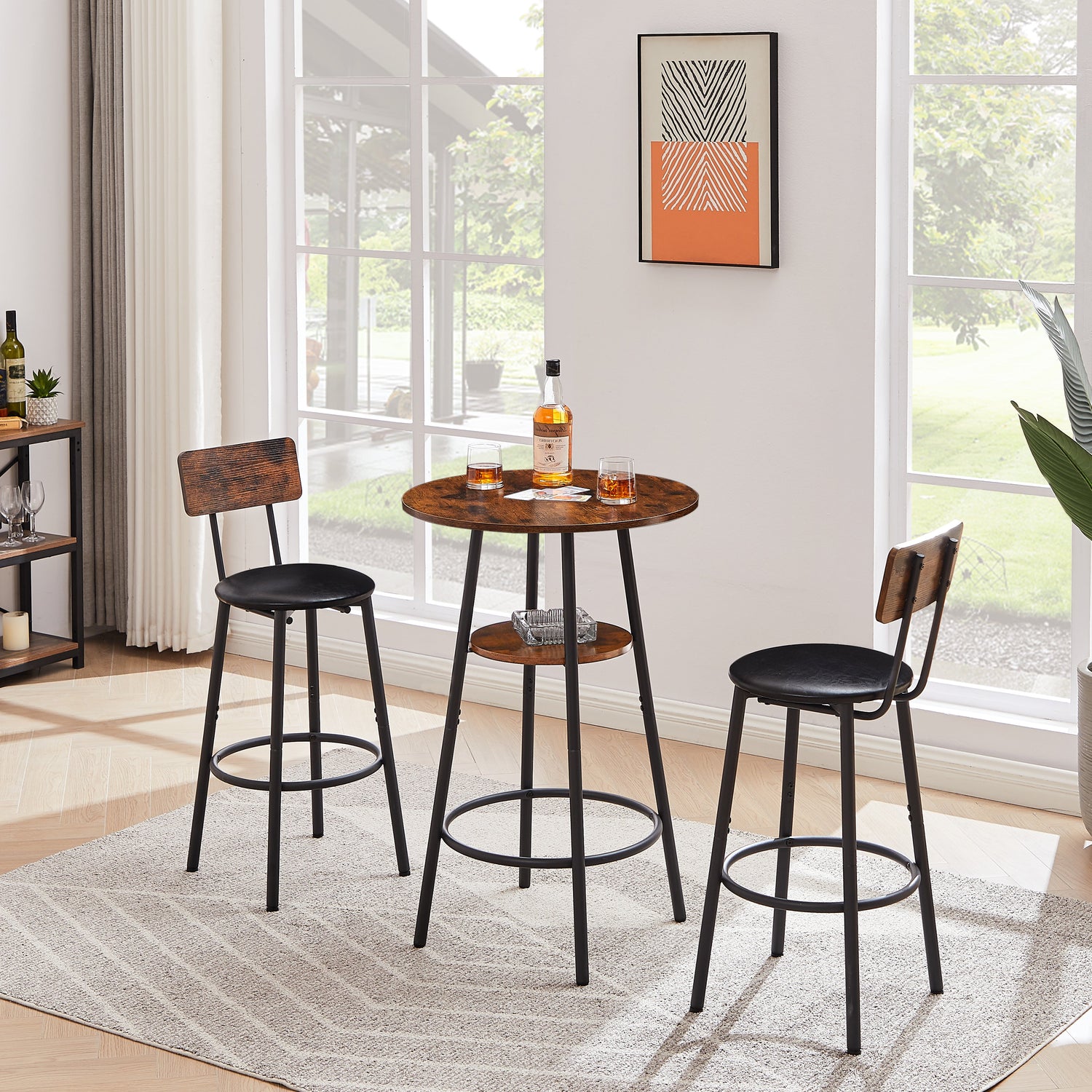 Round bar stool set with shelf upholstered stool with backrest Rustic Brown 23.62&