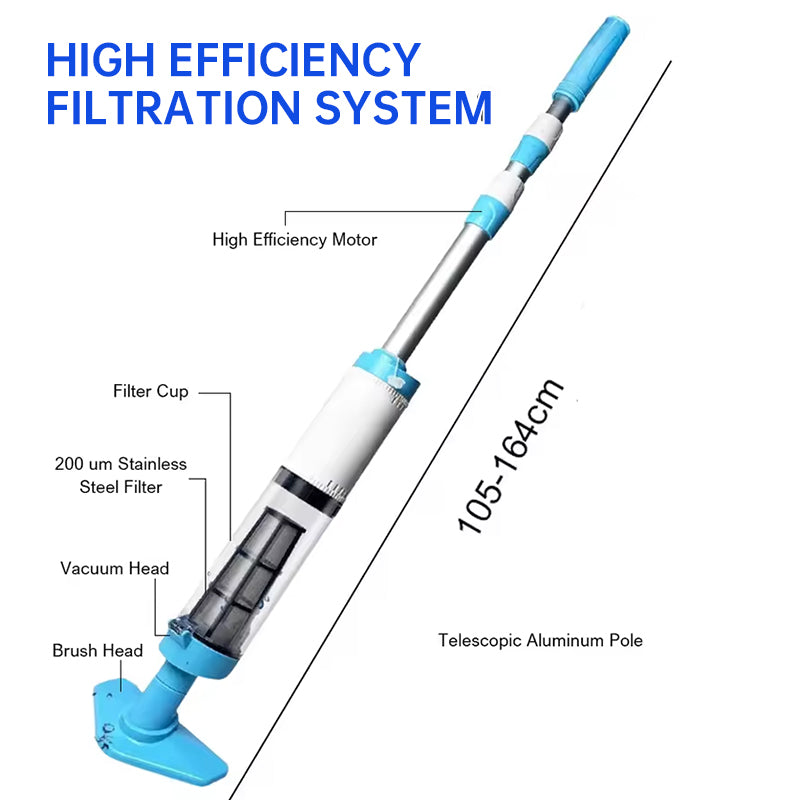 Rechargeable hand pool vacuum for spas/hot tubs/small pools, with auto immersion detector &amp; bristle nozzle.