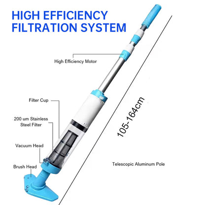 Rechargeable hand pool vacuum for spas/hot tubs/small pools, with auto immersion detector &amp; bristle nozzle.