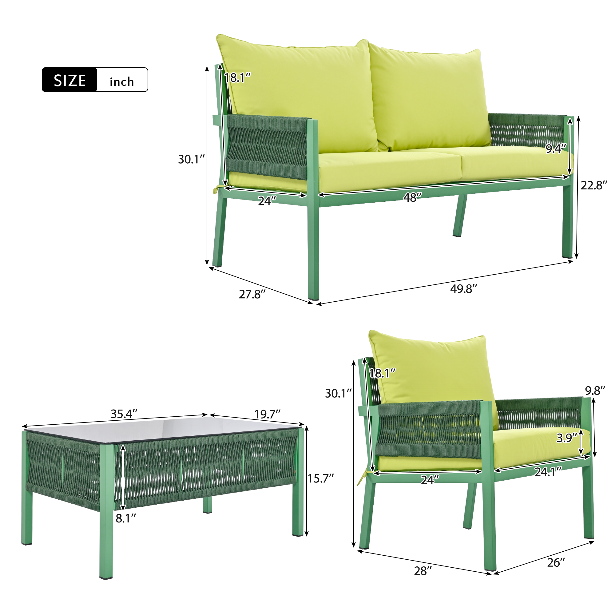 Outdoor Furniture with Tempered Glass Table,  Set Deep Seating with Thick Cushion  (Fluorescent Yellow &amp; Green)