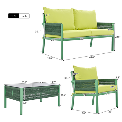 Outdoor Furniture with Tempered Glass Table,  Set Deep Seating with Thick Cushion  (Fluorescent Yellow &amp; Green)