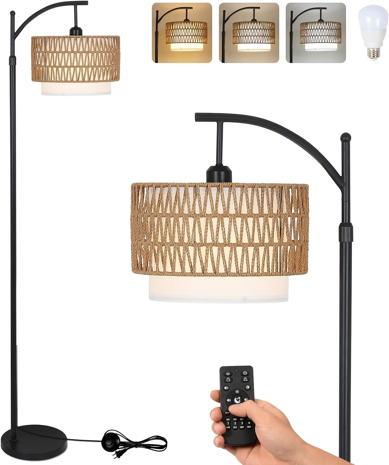 Arc Floor Lamp for Living Room with 3 Color Temperatures, Farmhouse Floor Lamps with Remote &amp; Dimmable Bulb Office