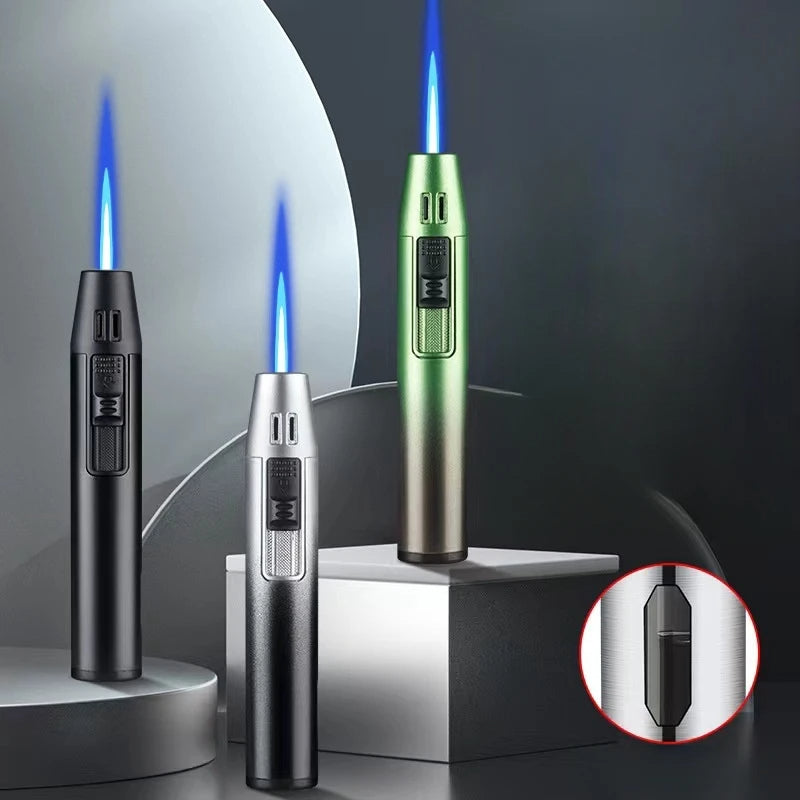 Pen Metal Lighter Mini Spray Gun Inflatable Windproof Butane Gas Lighter Adjustable Straight Shot Blue Flame Cigarette Tools