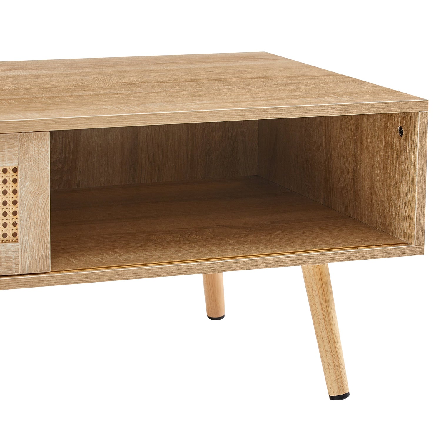 41.34" Rattan Coffee table sliding door for storage solid wood legs Modern table for living room  natural