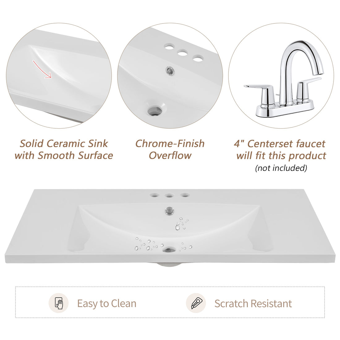 36" Single Bathroom Vanity Top with White Basin, 3-Faucet Holes, Ceramic, White