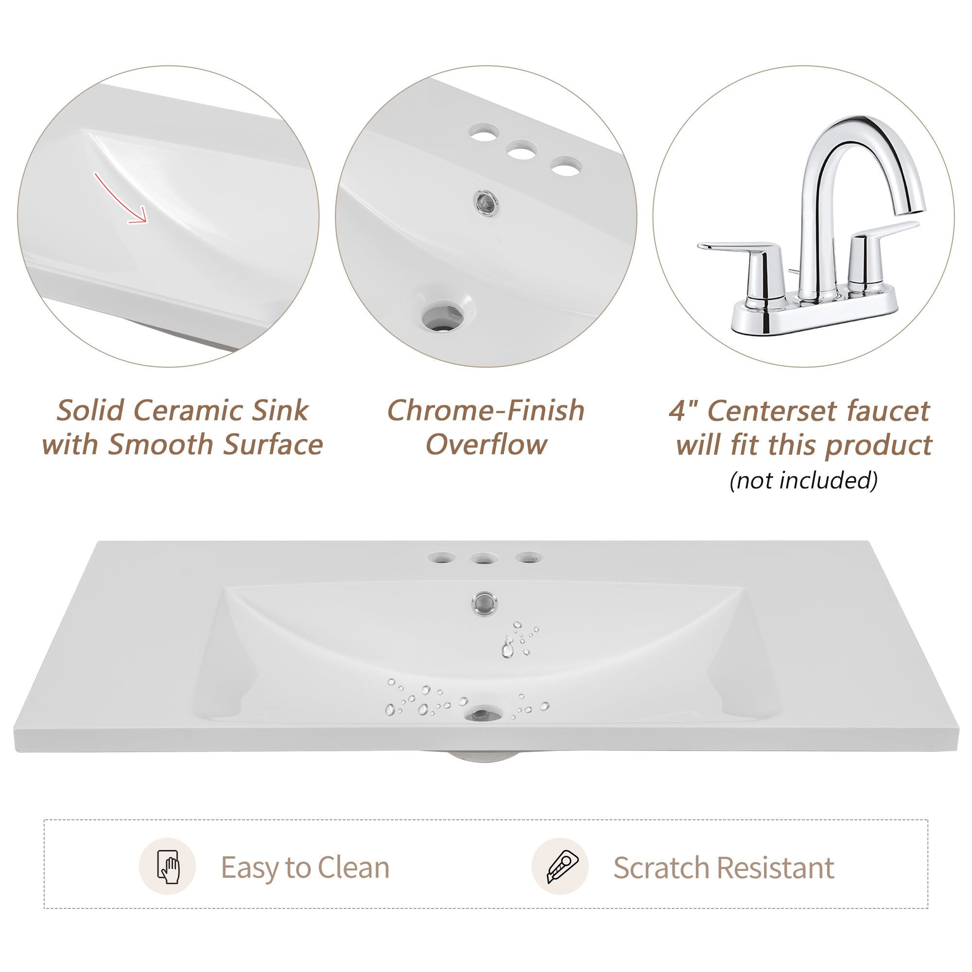36" Single Bathroom Vanity Top with White Basin, 3-Faucet Holes, Ceramic, White