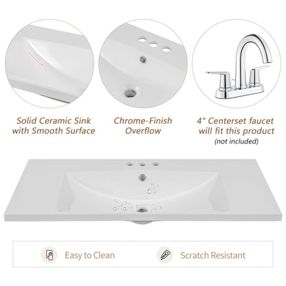 36" Single Bathroom Vanity Top with White Basin, 3-Faucet Holes, Ceramic, White