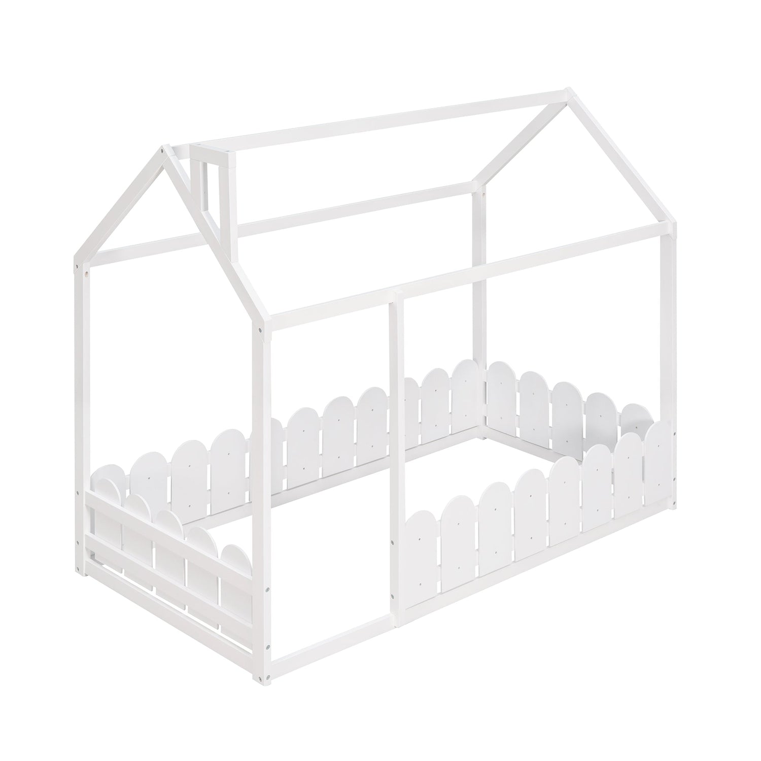 {Slats are not included}Twin Size Wood Bed House Bed Frame with Fence for KidsTeens Girls Boys {White}