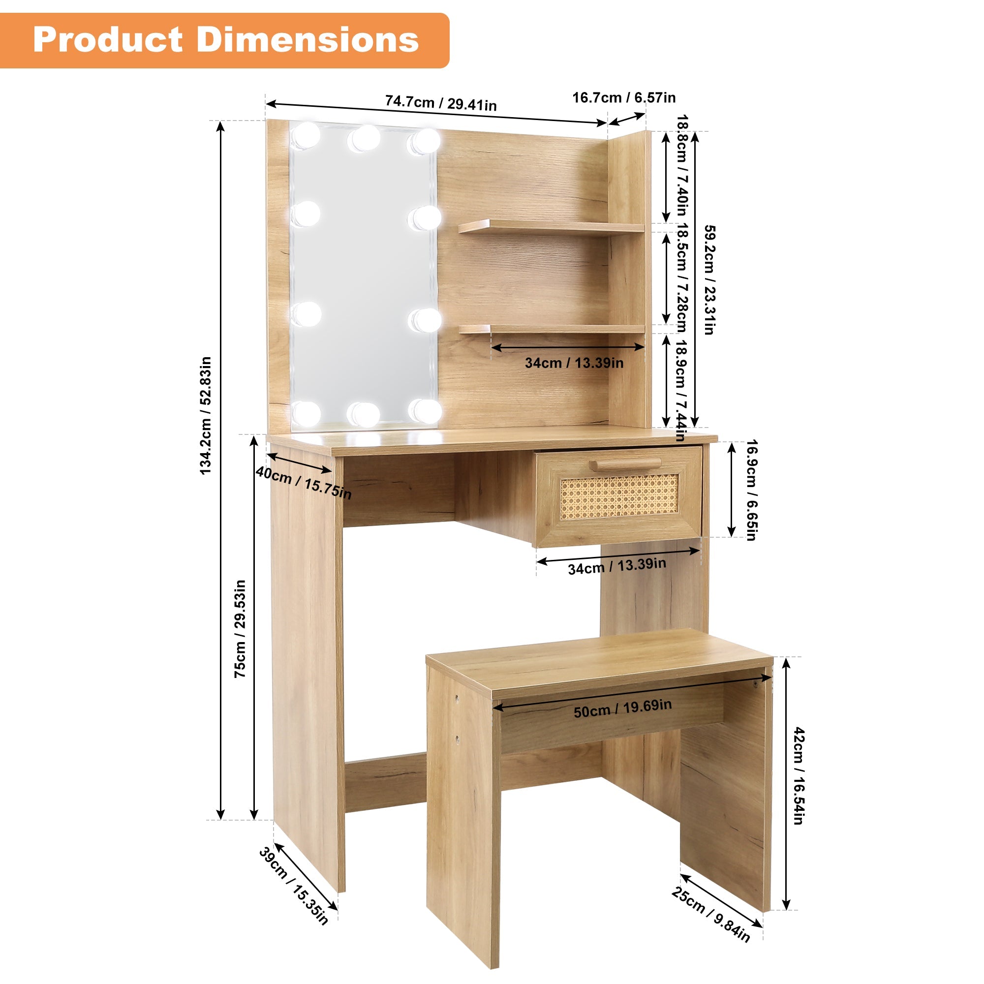 Vanity Desk Set Stool &amp; Dressing Table with LED Lighting Mirror Drawer and Wood Cosmetic Table Chest of Drawers Nature Color