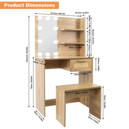 Vanity Desk Set Stool &amp; Dressing Table with LED Lighting Mirror Drawer and Wood Cosmetic Table Chest of Drawers Nature Color