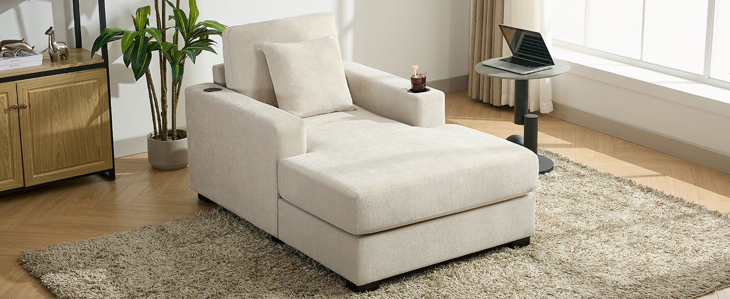 39.7" Oversized Chaise Lounger Modern Style Sofa Couch ,with Pillows, Charge Station &amp; Cup Holders, Chenille Fabric, Cream