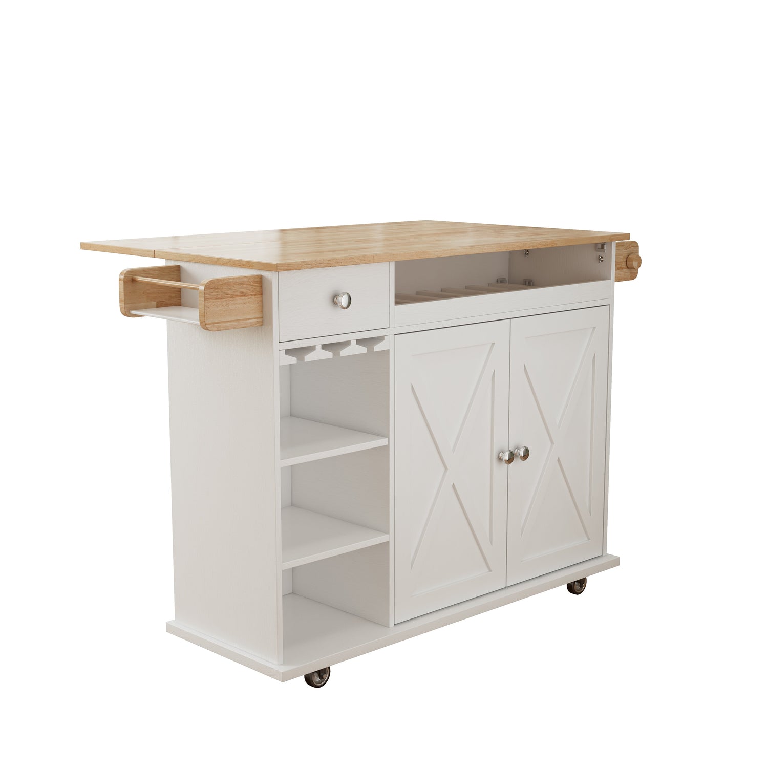 44 Inch Kitchen Island Cart with Solid Wood Top, Wine Storage, Spice Rack, Towel Rack, Wine Glass Holder White &amp; Oak