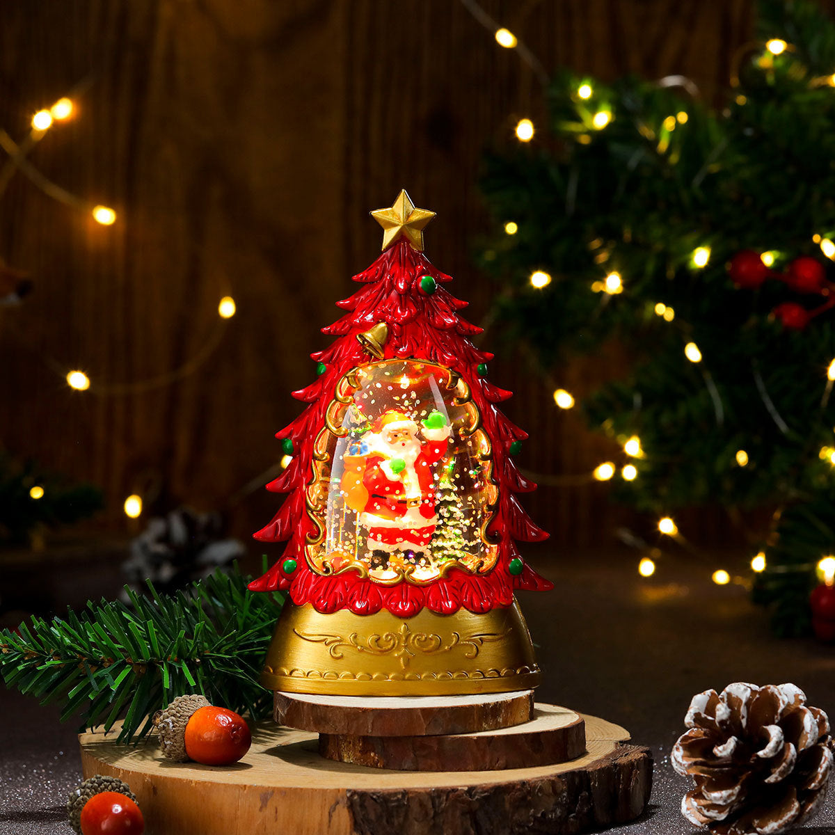 Christmas gifts, painted Christmas trees, glowing candles, oil lamps, children&