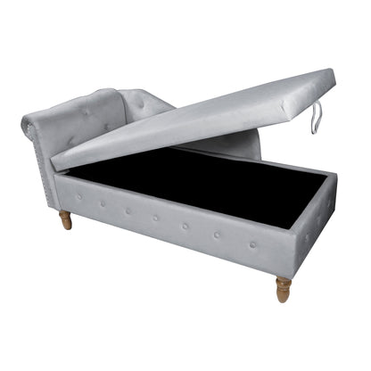 Grey Chaise Lounge Indoor Velvet Lounge Chair for Bedroom with Storage &amp; Pillow Modern Upholstered Rolled Arm Chase Lounge