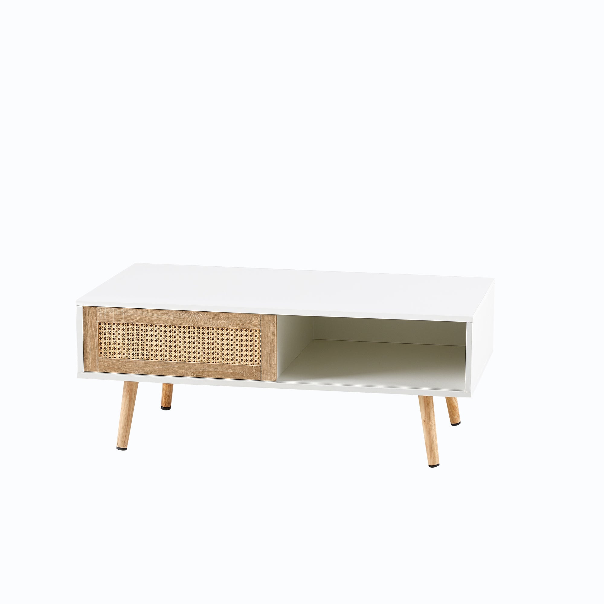 41.34" Rattan Coffee table sliding door for storage solid wood legs White