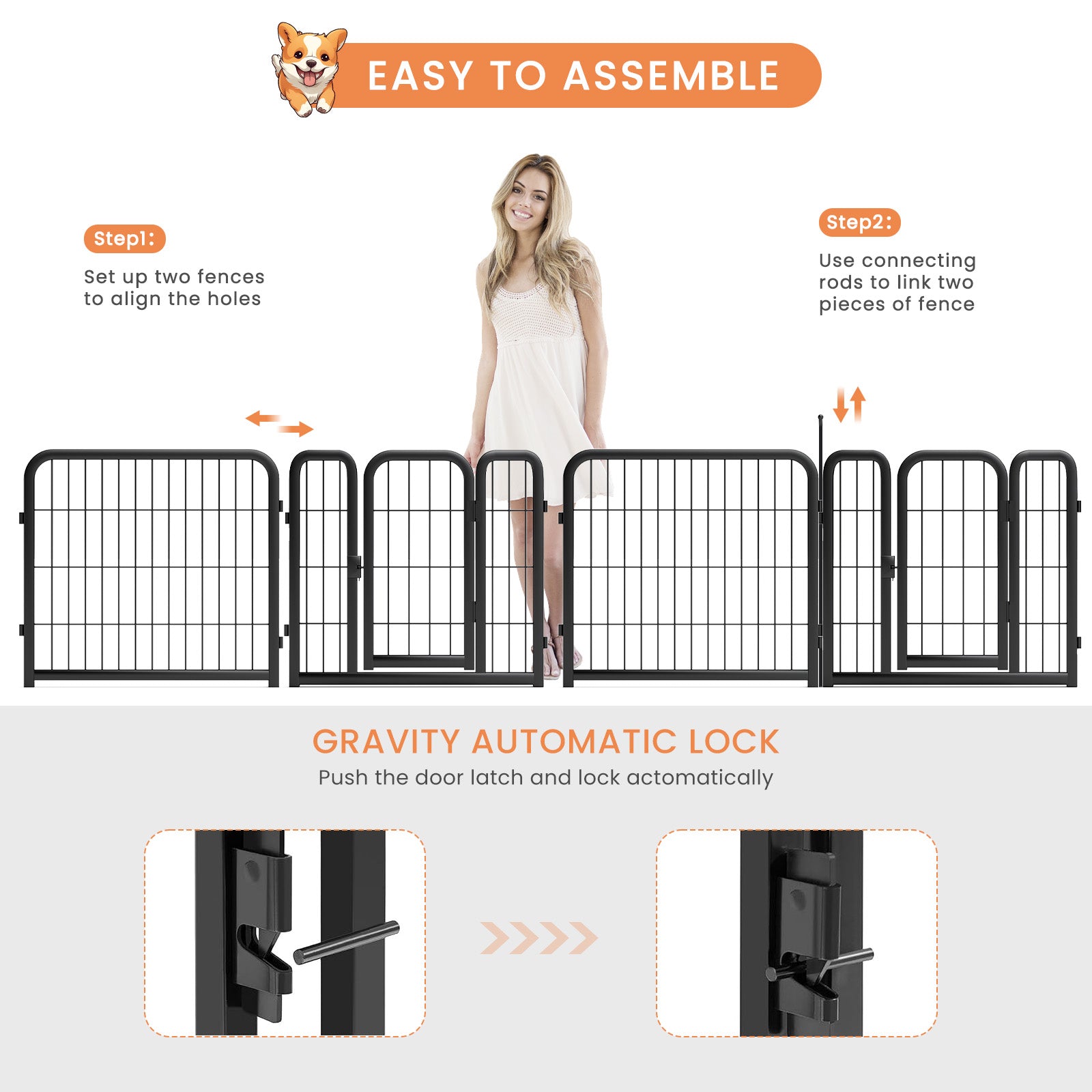 8-panel dog fence, 24 inch small dog pet fence, portable indoor pet game fence. Black, 22.2 inches wide x 23.6 inches high.