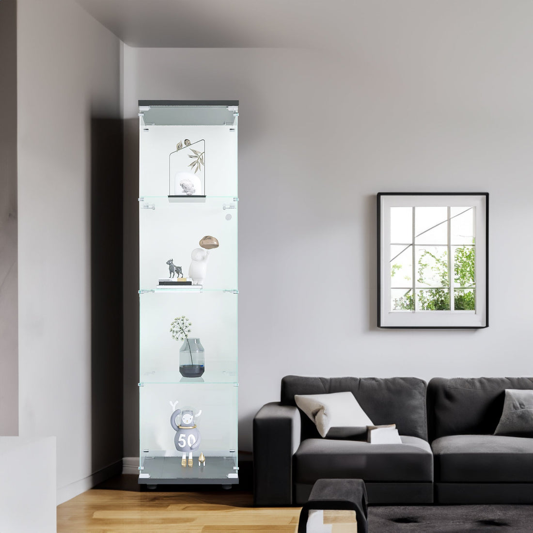4 glass display cabinets with door shelves, floor standing antique bookshelf, 64.7 "* 16.7" * 14.3 ", black