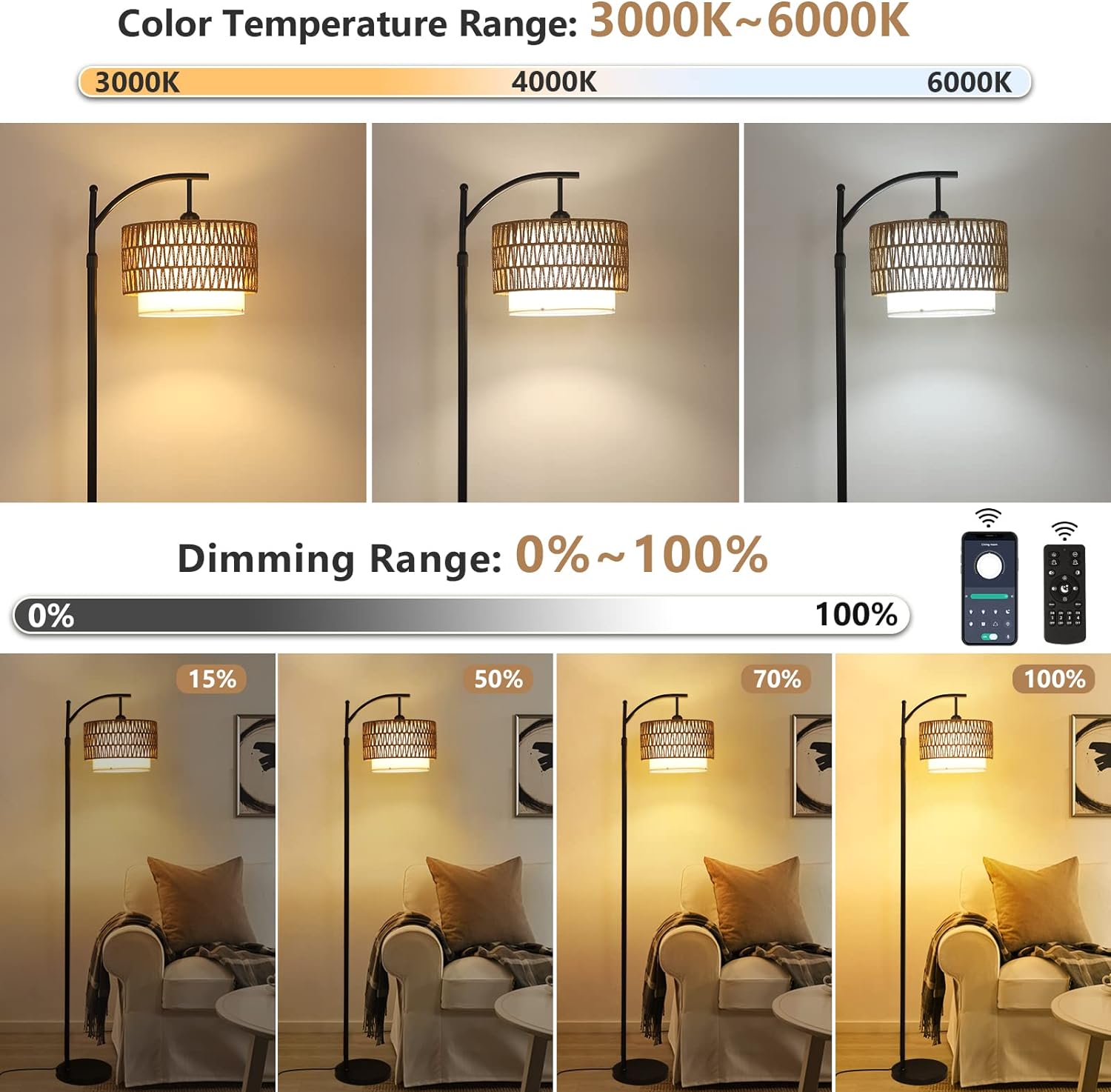 Arc Floor Lamp for Living Room with 3 Color Temperatures, Farmhouse Floor Lamps with Remote &amp; Dimmable Bulb Office