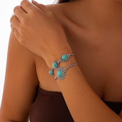 Ethnic style retro alloy turquoise bracelet Bohemian artistic bracelet set for women