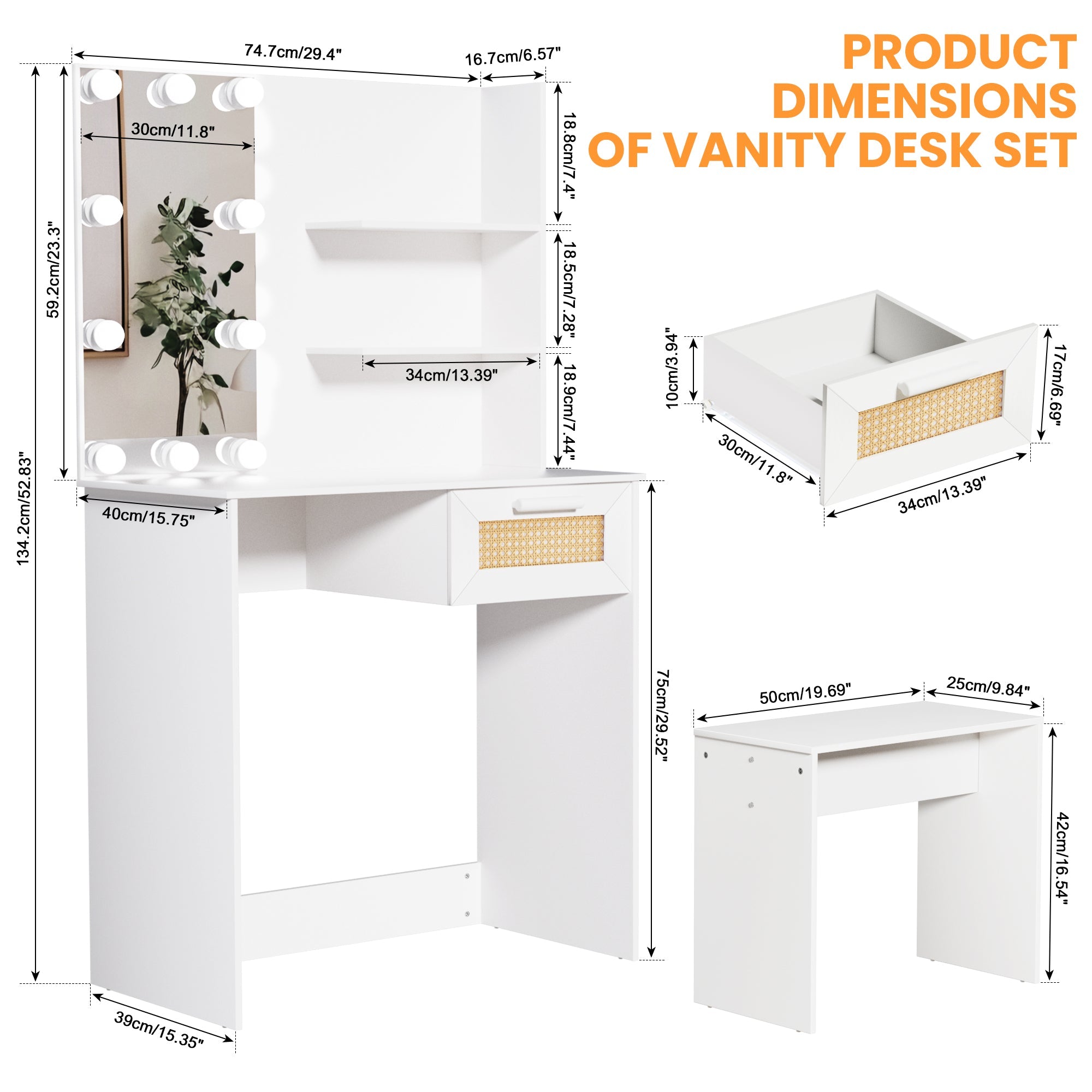 Vanity Desk Set Stool &amp; Dressing Table with LED Lighting Mirror Drawer and Wood Cosmetic Table Chest of Drawers White Color